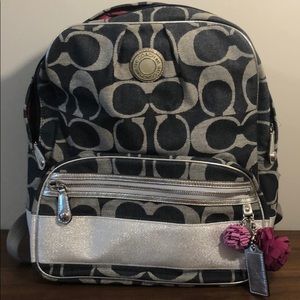 Coach Denim Signature Leather Trim Backpack